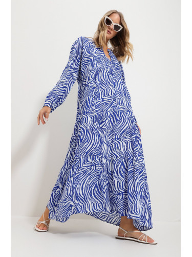 Trend Alaçatı Stili Women's Saxe Blue Large Collar Shawl Patterned Maxi Length Dress