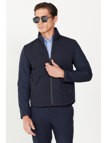 ALTINYILDIZ CLASSICS Men's Navy Blue Standard Fit, Normal Cut, Standing Collar Patterned Coat.