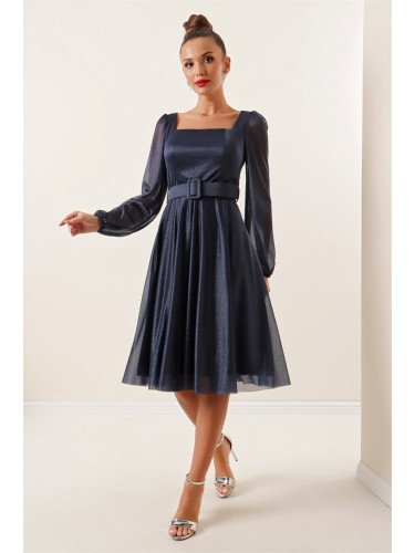 By Saygı Square Neck Belted Balloon Sleeve Lined Lurex Dress