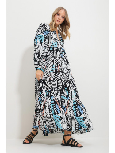 Trend Alaçatı Stili Women's Black and White Grand Collar Shawl Patterned Maxi Length Dress