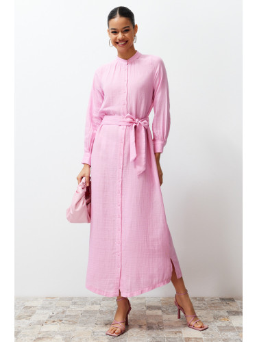 Trendyol Pink Judge Collar Belted Buttoned Woven Shirt Dress