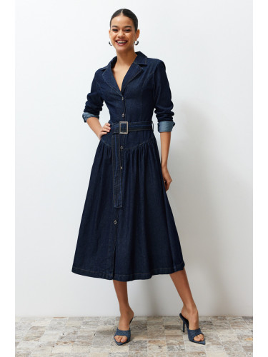Trendyol Blue Belted Jacket Collar Maxi Denim Dress