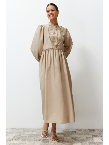 Trendyol Mink High Neck Balloon Sleeve Button and Piping Detailed Woven Dress
