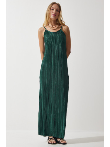 Happiness İstanbul Women's Emerald Green Strappy Summer Pleated Dress