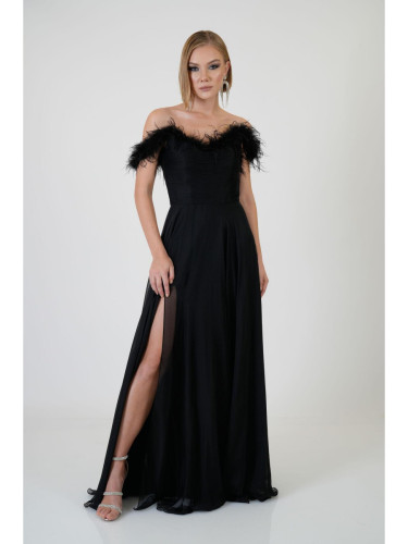 Carmen Black Feathered Slit Chiffon Evening Dress