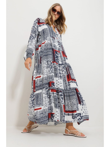 Trend Alaçatı Stili Women's Cinnamon Big Collar Shawl Patterned Maxi Length Dress