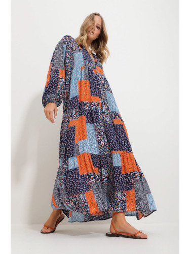 Trend Alaçatı Stili Women's Blue-Orange Grand Collar Shawl Patterned Maxi Length Dress