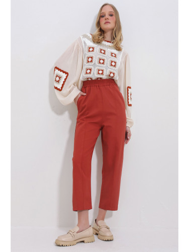 Trend Alaçatı Stili Women's Brick 3 Pocket Elastic Waist Stitched Front Gabardine Trousers