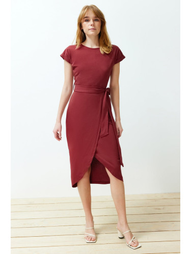 Trendyol Burgundy 100% Cotton Double Breasted Closure Belt Detailed Midi Knitted Dress