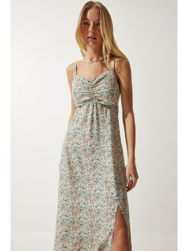 Happiness İstanbul Women's Cream Green Strappy Patterned Viscose Dress
