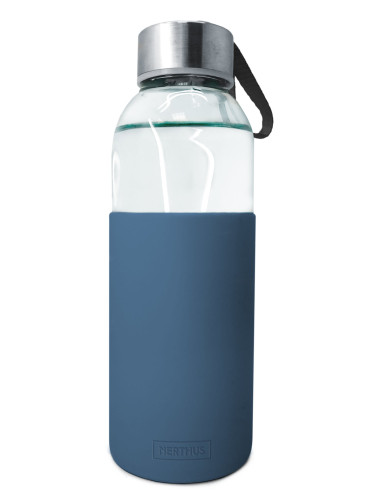 Стъклена бутилка Nerthus със силиконов протектор - 400 мл - синя