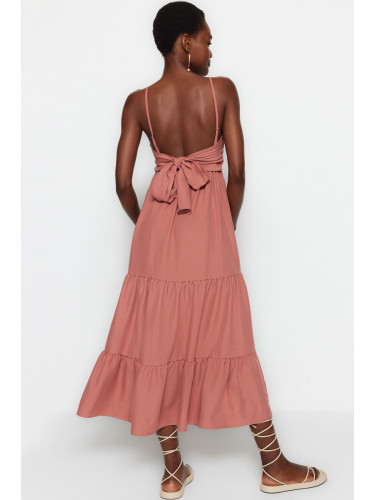 Trendyol Dusty Rose Skirt Flounced Back Tie Detail Strap Maxi Woven Dress