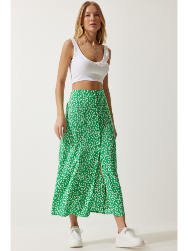 Happiness İstanbul Women's Green Patterned Slit Viscose Skirt
