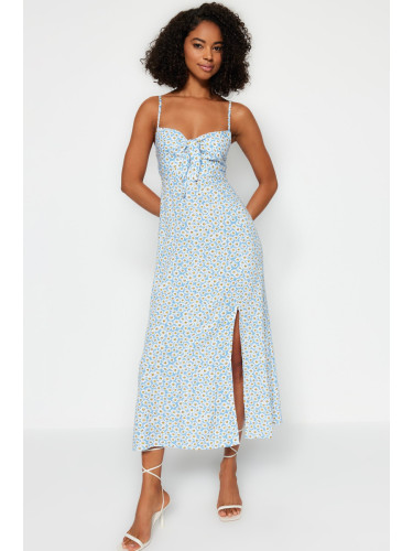 Trendyol Blue Floral Print Straight Cut Tie Detailed Strappy Woven Dress