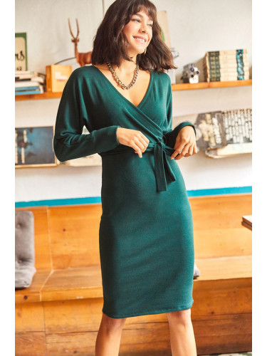 Olalook Women's Emerald Green Double Breasted Belted Sweater Dress