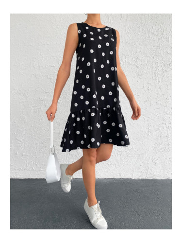 armonika Women's Black Daisy Pattern Sleeveless Skirt with Ruffled Frill Dress