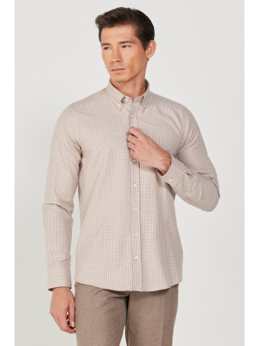 ALTINYILDIZ CLASSICS Men's Beige-White Slim Fit Slim Fit Buttoned Collar Cotton Checkered Shirt
