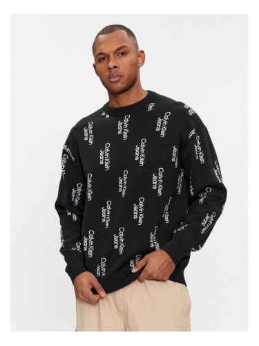 Calvin Klein Jeans Пуловер Stacked Logo Aop Sweater J30J325287 Черен Regular Fit