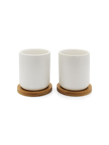 Комплект от 2 бр. керамични чаши за чай BREDEMEIJER Umea с бамбукови подложки - бели