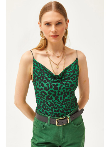Olalook Women's Leopard Emerald Green Collar Rope Strappy Blouse