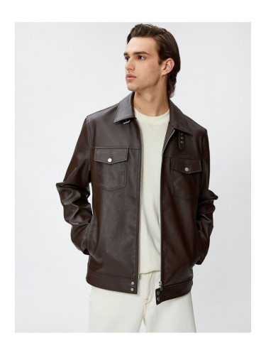 Koton Leather Look Jacket Classic Collar Pocket Detailed Zipper