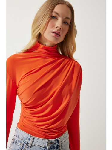 Happiness İstanbul Women's Orange Gathered Detailed High Neck Sandy Blouse