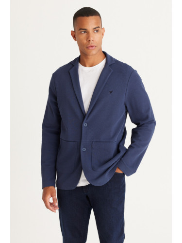 AC&Co / Altınyıldız Classics Men's Navy Blue Standard Fit Normal Cut Shirt Collar Cotton Knitted Blazer Jacket