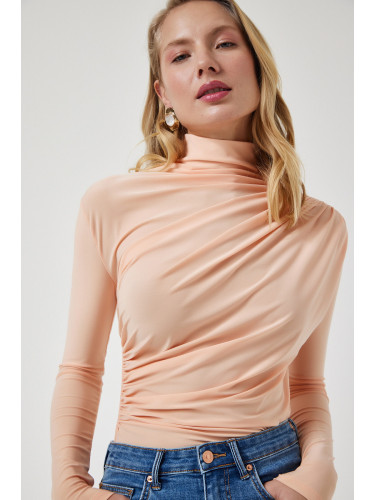 Happiness İstanbul Women's Peach Gathered Detailed High Neck Sandy Blouse