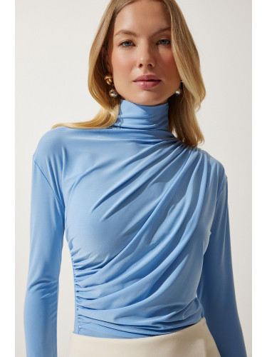 Happiness İstanbul Women's Sky Blue Gathered Detailed High Neck Sandy Blouse