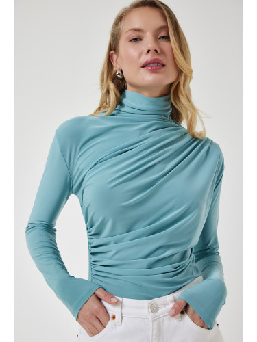 Happiness İstanbul Women's Aqua Green Gathered Detailed High Neck Sandy Blouse