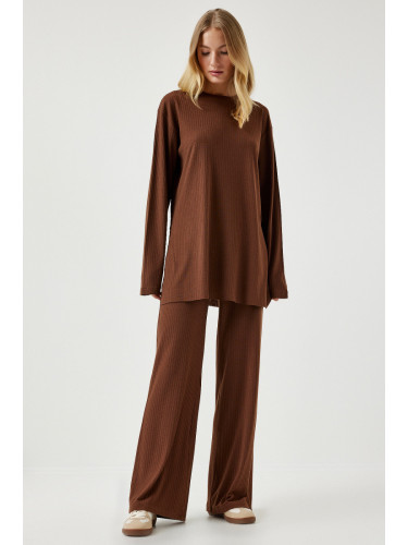 Happiness İstanbul Women's Brown Ribbed Knitted Blouse Pants Suit