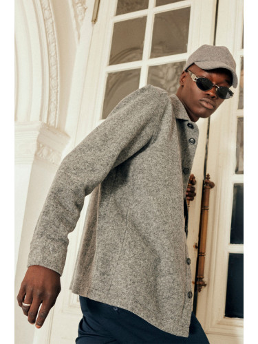 ALTINYILDIZ CLASSICS Men's Gray Oversize Wide Cut Classic Collar Woolen Patchwork Flannel Winter Shirt Jacket