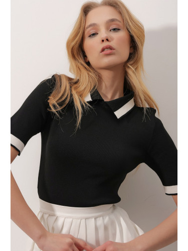 Trend Alaçatı Stili Women's Black Baby Collar Half Sleeves Color Block Knitwear Blouse