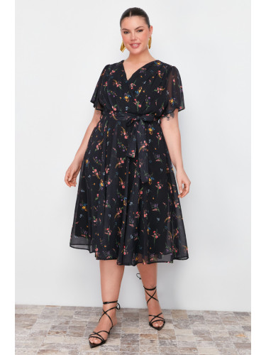 Trendyol Curve Multi Color Floral Pattern Chiffon Double Breasted Woven Dress