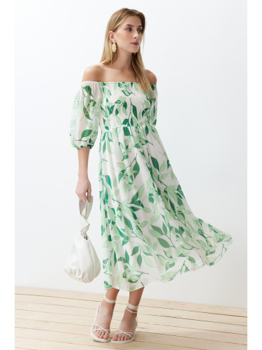 Trendyol Madonna Collar Chiffon Maxi Woven Dress with Green Floral Skirt Opening at the Waist