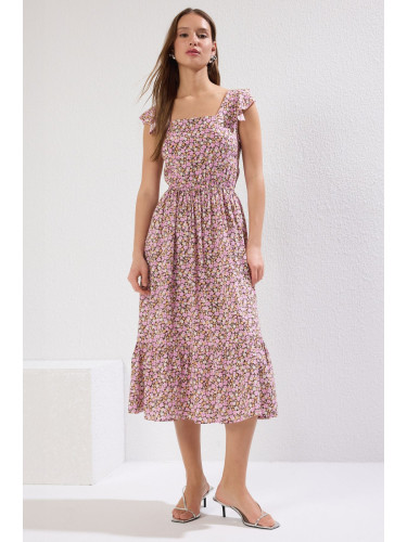 Trendyol Lilac Floral Print Square Collar A-line Viscose Midi Woven Dress