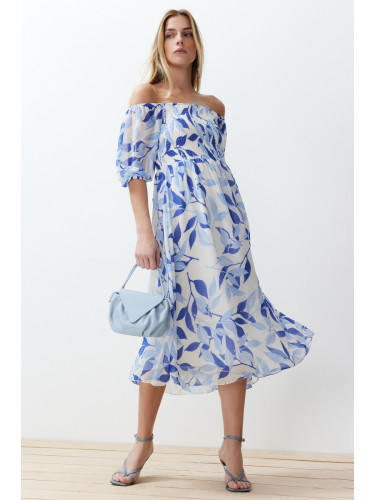 Trendyol Madonna neck Chiffon Maxi Woven Dress with Blue Floral Skirt Opening at the Waist