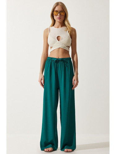 Happiness İstanbul Women's Emerald Green Flowy Knitted Palazzo Trousers