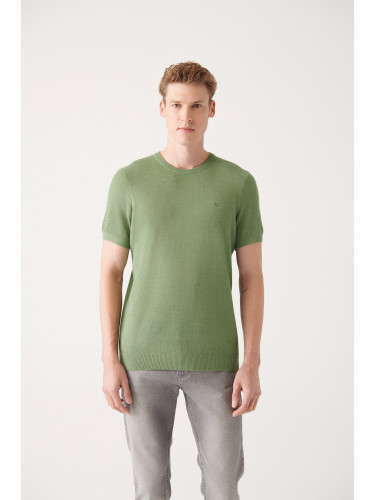 Avva Men's Aqua Green Crew Neck Textured Ribbed Regular Fit Knitwear T-shirt