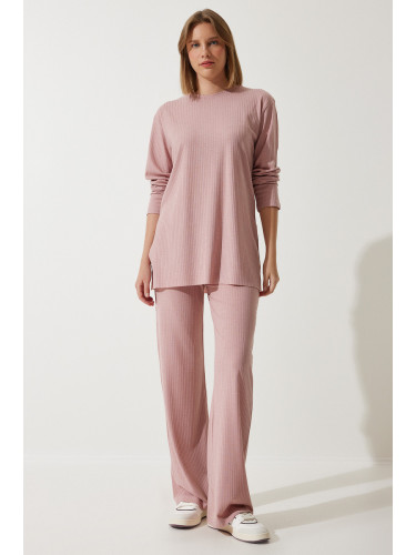 Happiness İstanbul Women's Powder Ribbed Knitted Blouse With Trousers Suit