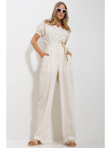Trend Alaçatı Stili Women's Cream Front Buttoned Double Pocket Mikanos Linen Jumpsuit