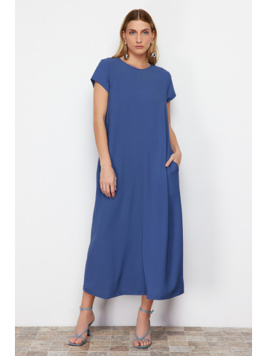 Trendyol Blue Straight Cut Crew Neck Pocket Detailed Aerobin Midi Woven Dress