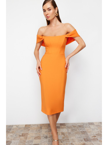 Trendyol Orange Fitted Corset Detailed Woven Elegant Evening Dress