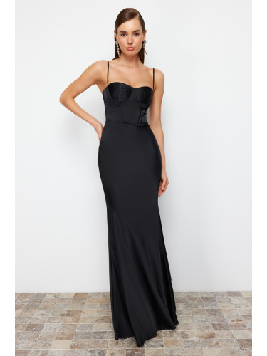 Trendyol Black Fitted Corset Detailed Woven Satin Long Evening Evening Dress