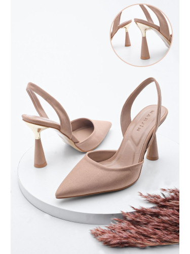 Marjin Women's Stiletto Pointed Toe Gold Heel Detail Open Back with a scarf and heeled shoes Yolez Beige.