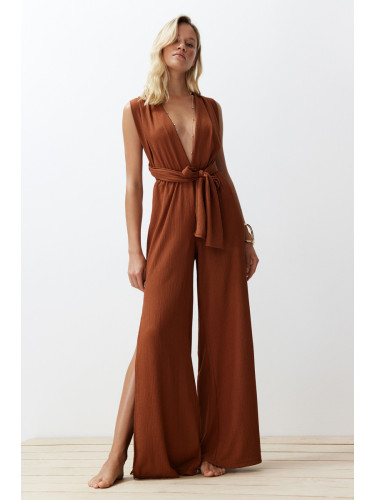 Trendyol Brown Woven Backless Tied Beach Jumpsuit