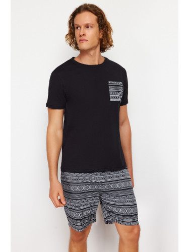 Trendyol Black Regular Fit Ethnic Patterned Knitted Shorts Pajamas Set