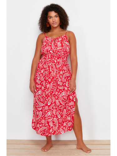 Trendyol Curve Multicolored Ethnic Pattern Elastic Waist Woven Strap Plus Size Beach Dress