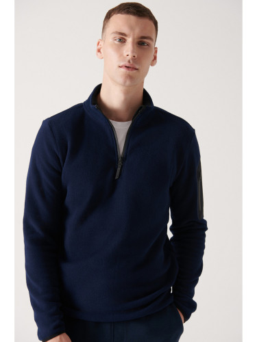 Avva Men's Navy Blue High Neck Pocket Detailed Half Zipper Regular Fit Fleece Sweatshirt