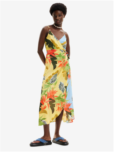 Women's Yellow Wrap Beach Maxi Dress Desigual Tropical Leaves